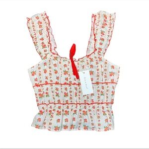 Sim & Sam Ivory Red Floral Tank Top Ruffle Bow Women’s Small NWT